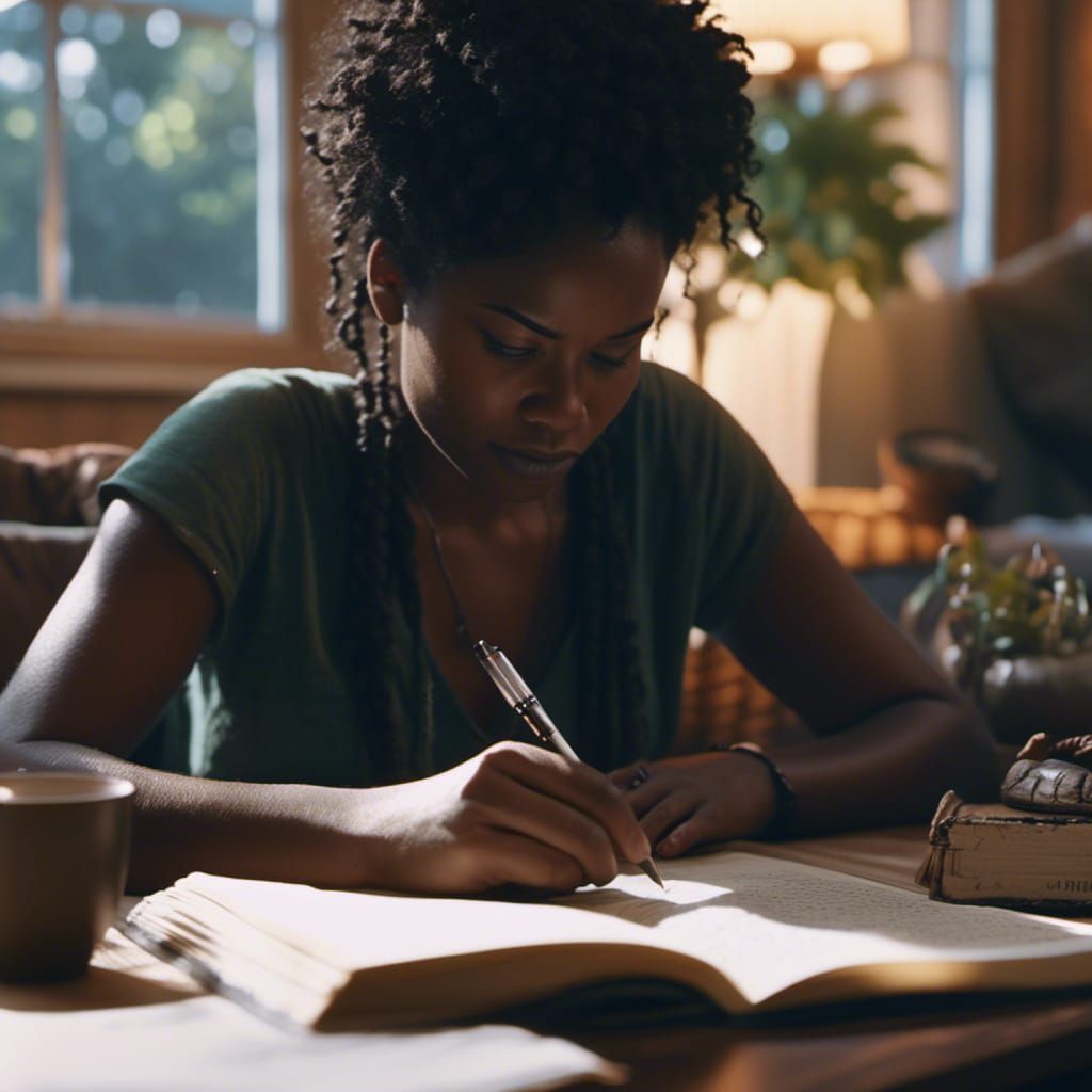 Peaceful Black Woman Writing in Journal: Cinematic Still