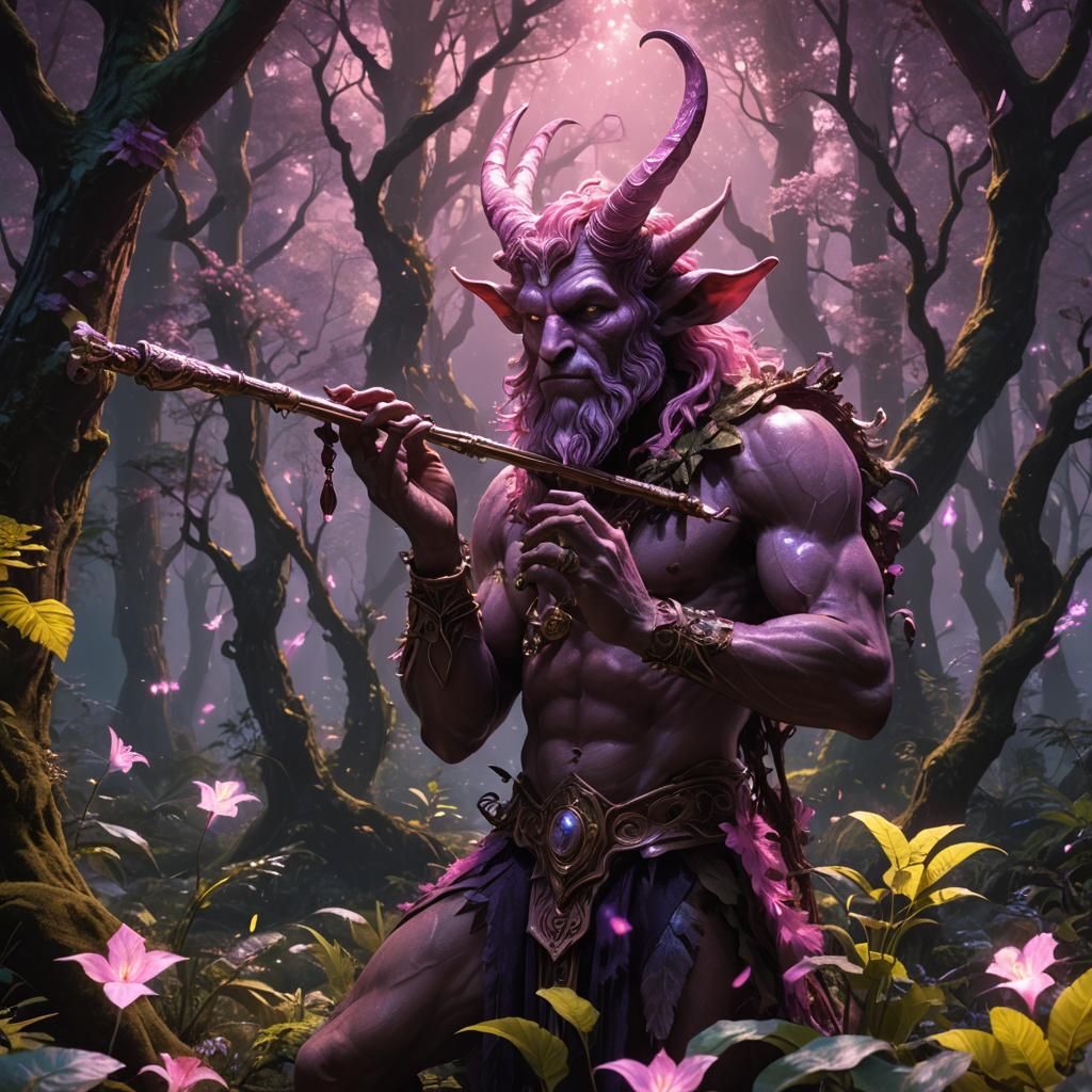 Satyr Flute Player in Bioluminescent Forest
