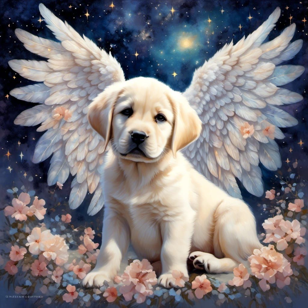 Celestial Labrador Puppy with Angel Wings Watercolour