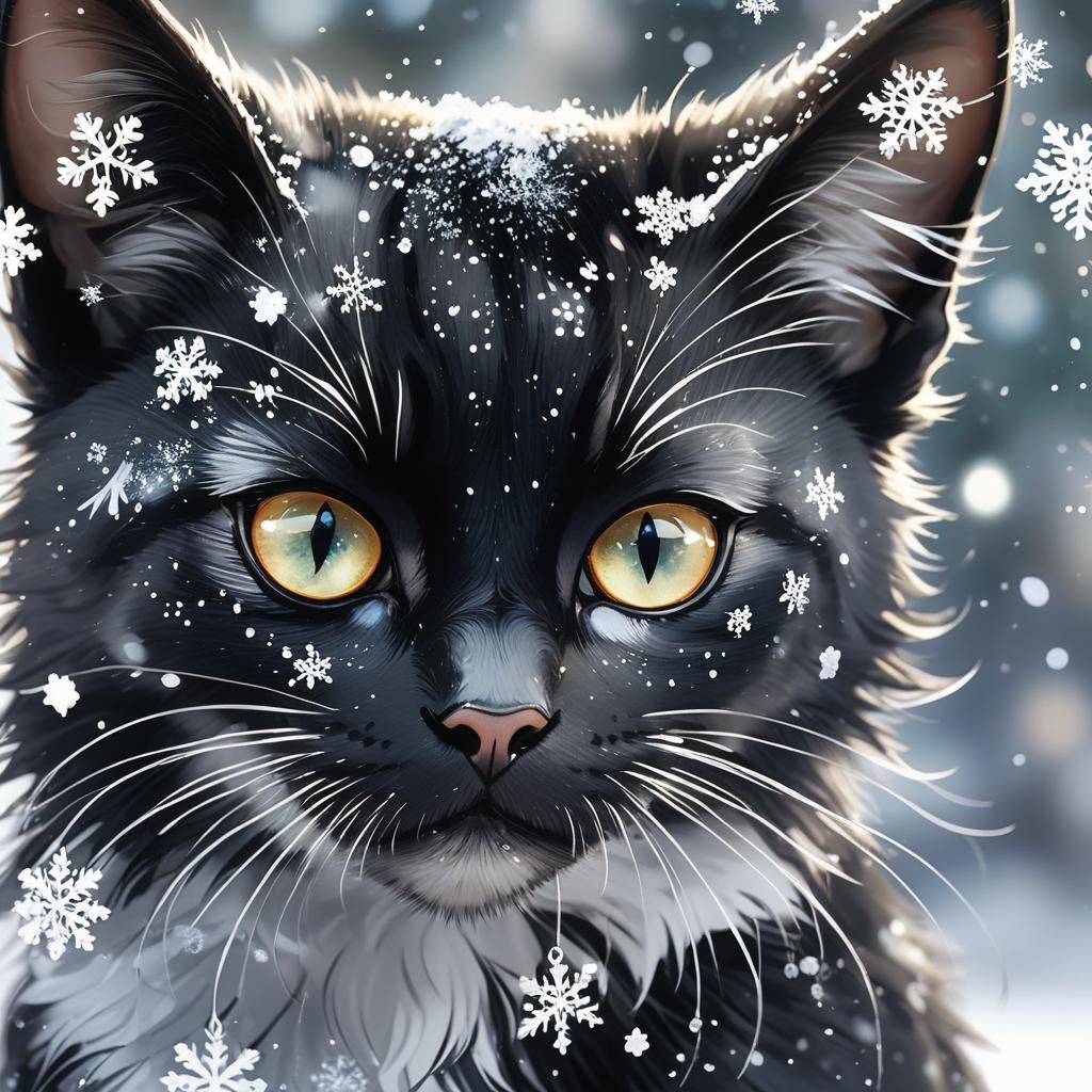 Anime Black Cat with Silver Eyes in Snow
