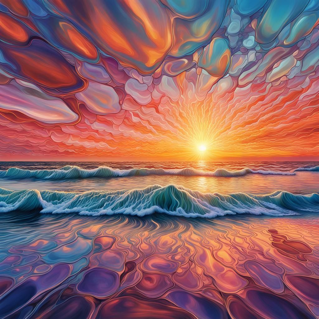 Badalona Beach Sunset in Surreal Pastel Glass Art