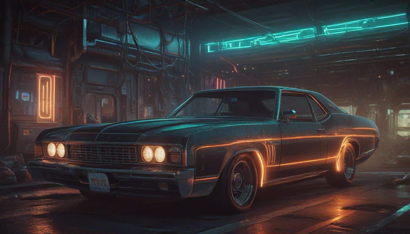 Biopunk Power Supply in Vintage Car, Iridescent Oil Painting