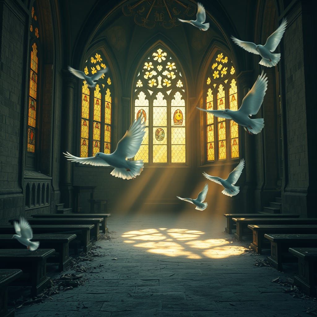 Ethereal Doves Soar Through Abandoned Church in Dreamlike Ma...