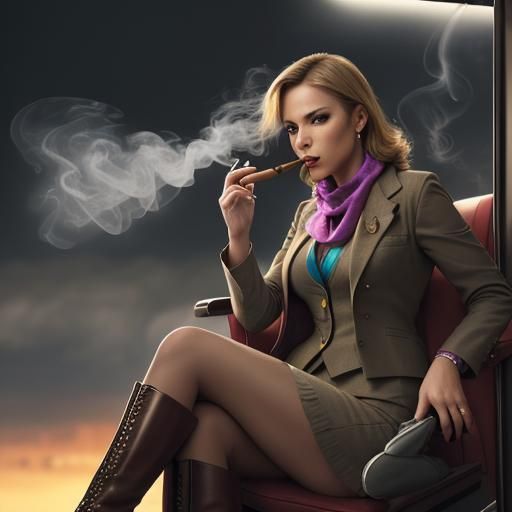 Flight Attendant Smoking Cigar, Hyperrealistic Detail