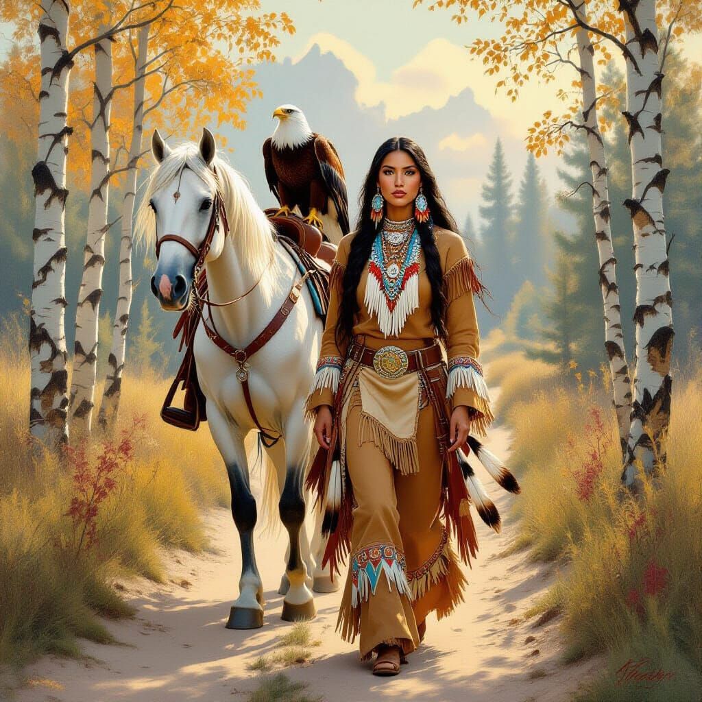 Native American Woman with Horse in Serene Forest