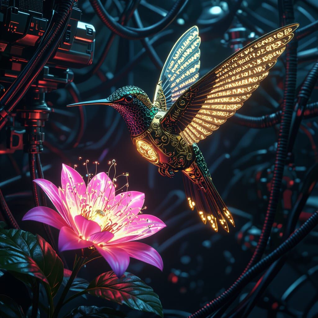 Biomechanical Hummingbird with Bioluminescent Flower