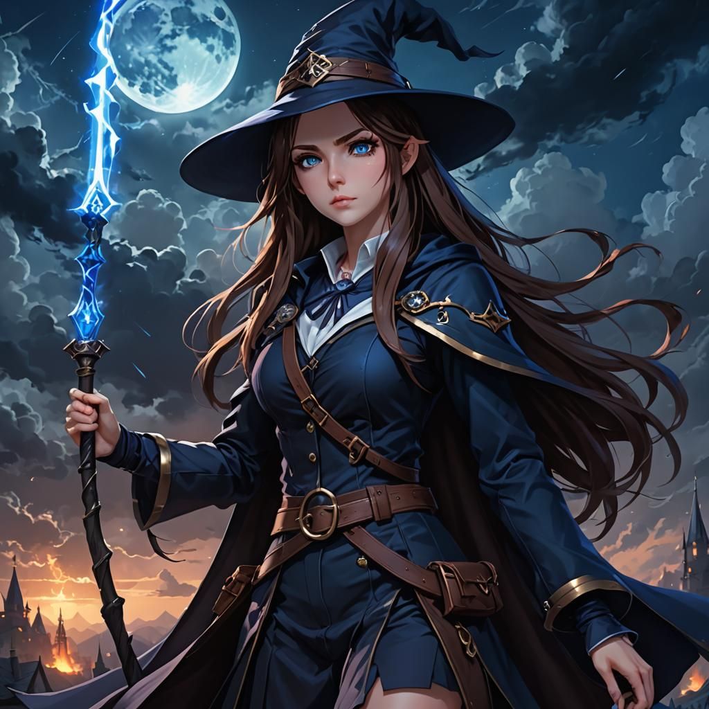 Anime Witch Girl in Dark Blue Fantasy Art