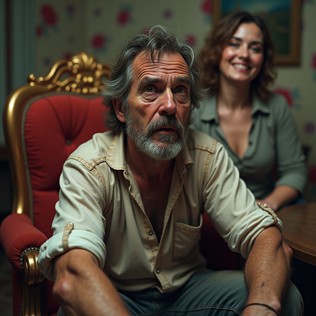 Surreal Image of Exhausted Man and Triumphant Woman