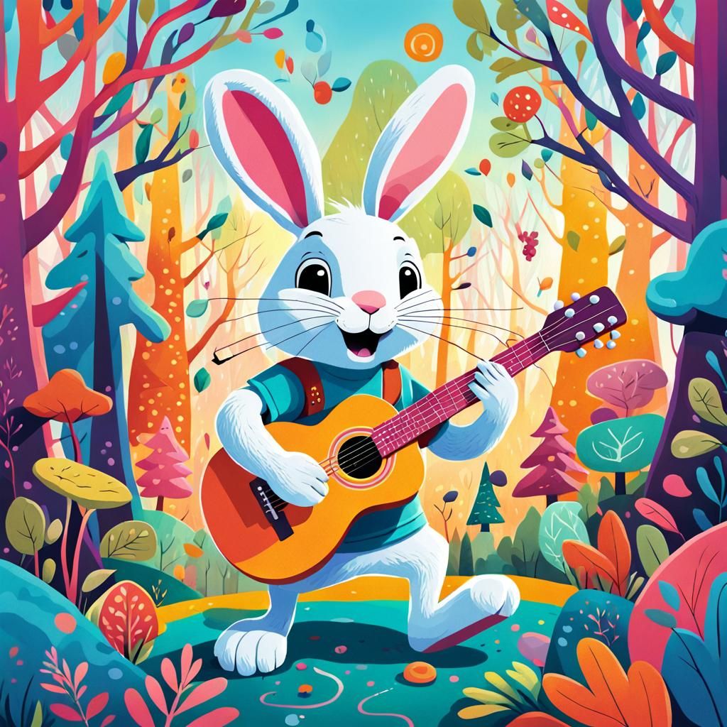 Vibrant Cartoon Rabbit Plays Guitar in Whimsical Forest