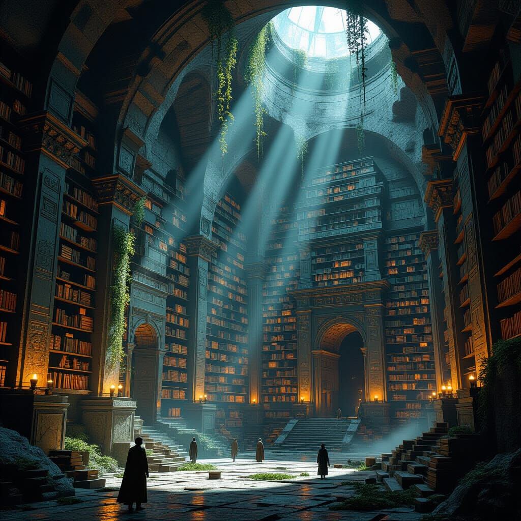 Ancient Mountain Library with Glowing Books