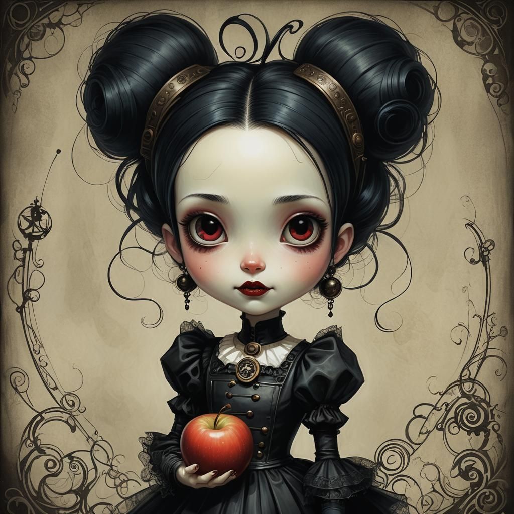 Steampunk Goth Girl Bites Apple with Evil Grin