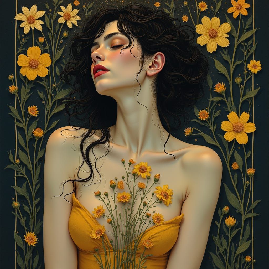 Provocative Model Amidst Flowers in Klimt Style