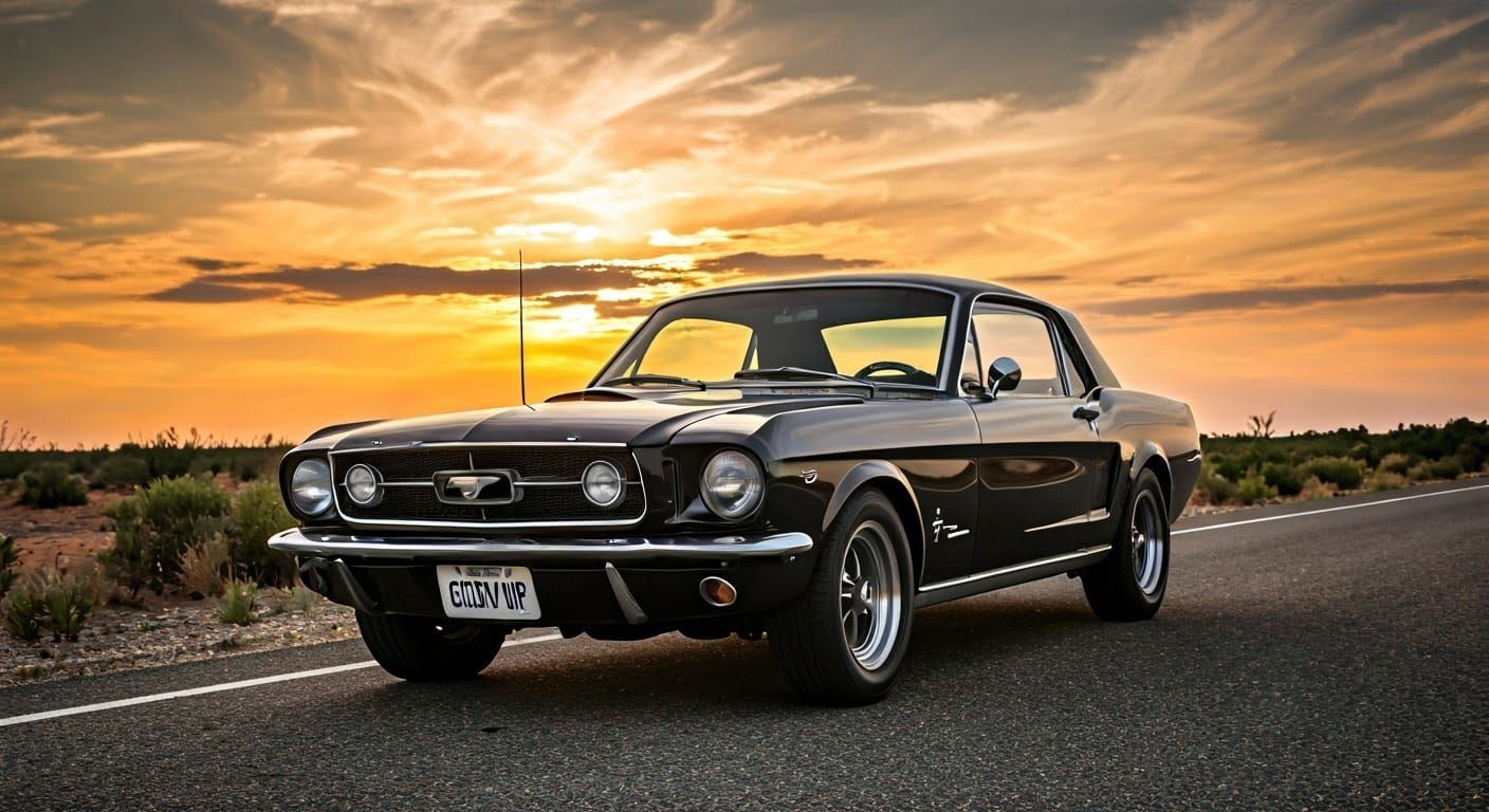 A close up, angled view, of a black 1968 Ford Mustang on route 66 at sunset, with golden orange clouds and sun rays. The...