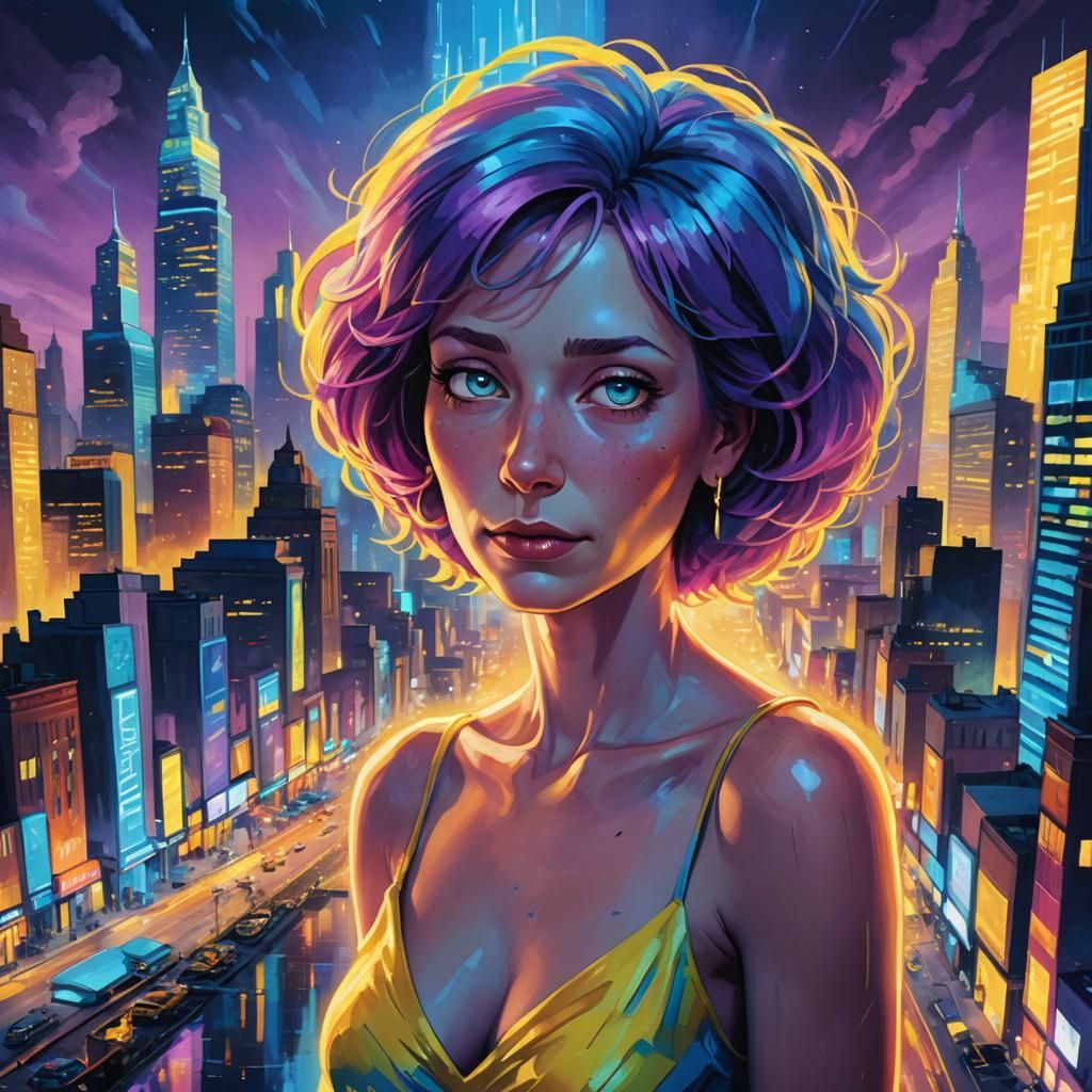 Lois Griffin and Marge Simpson Fusion in Dreamlike Cityscape