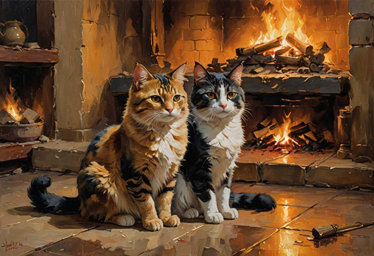 Cozy Cat by Firelight as Oil Painting