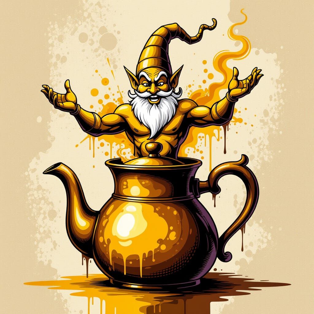 Bronze Genie Emerges From Coffee Pot in Graffiti Style