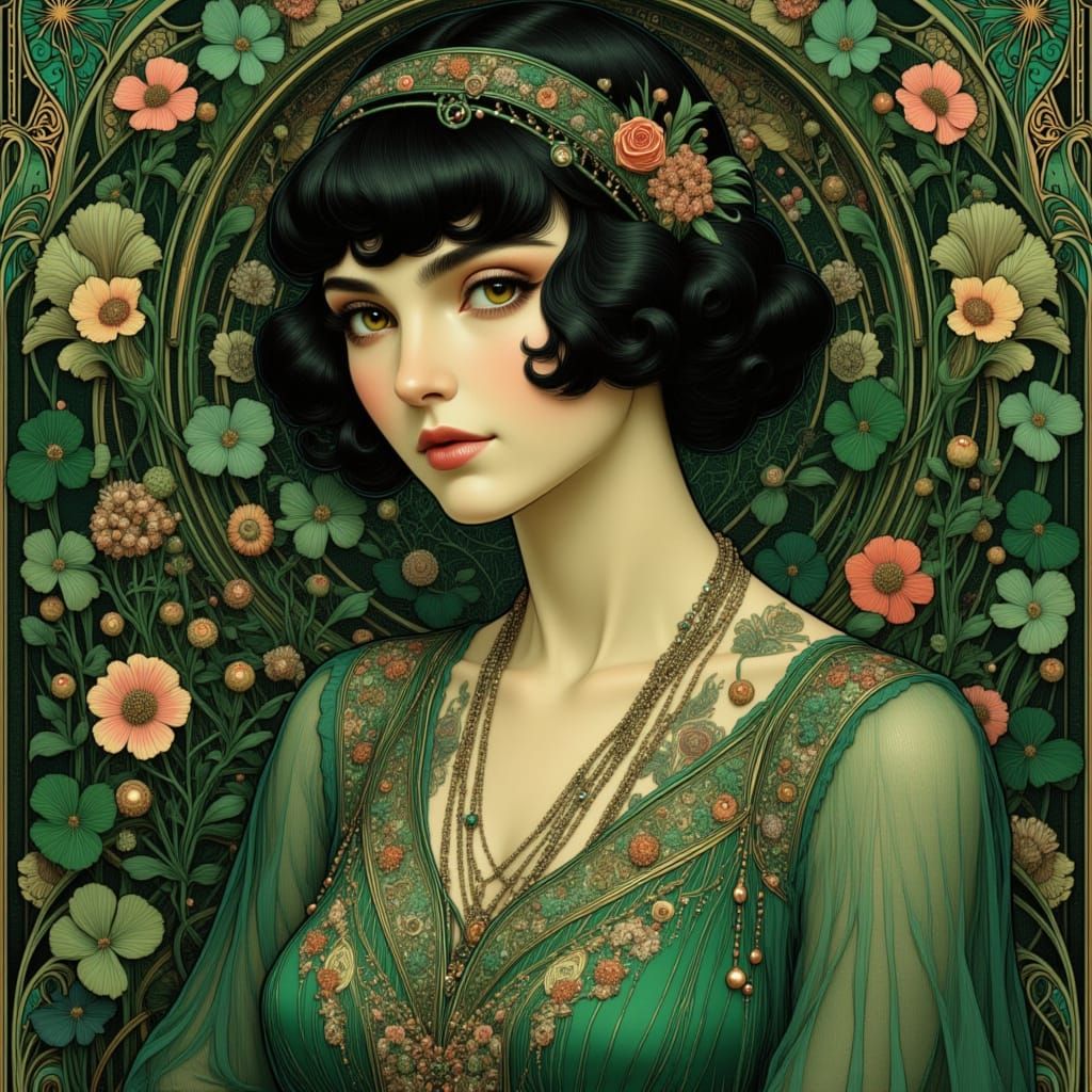 Art Nouveau Woman in Emerald Green Dress