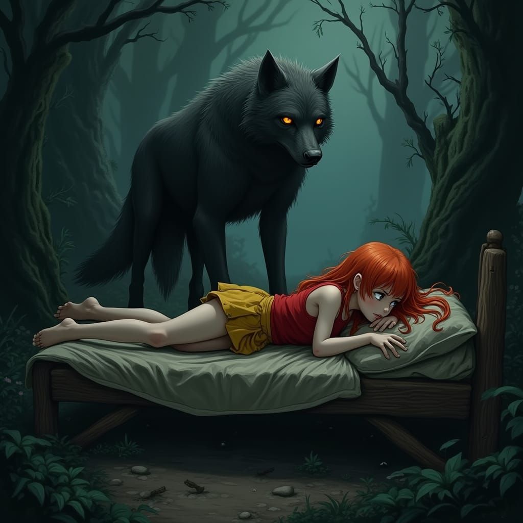 Ethereal Girl in Red Hair Surrounded by a Haunting Forest Sp...