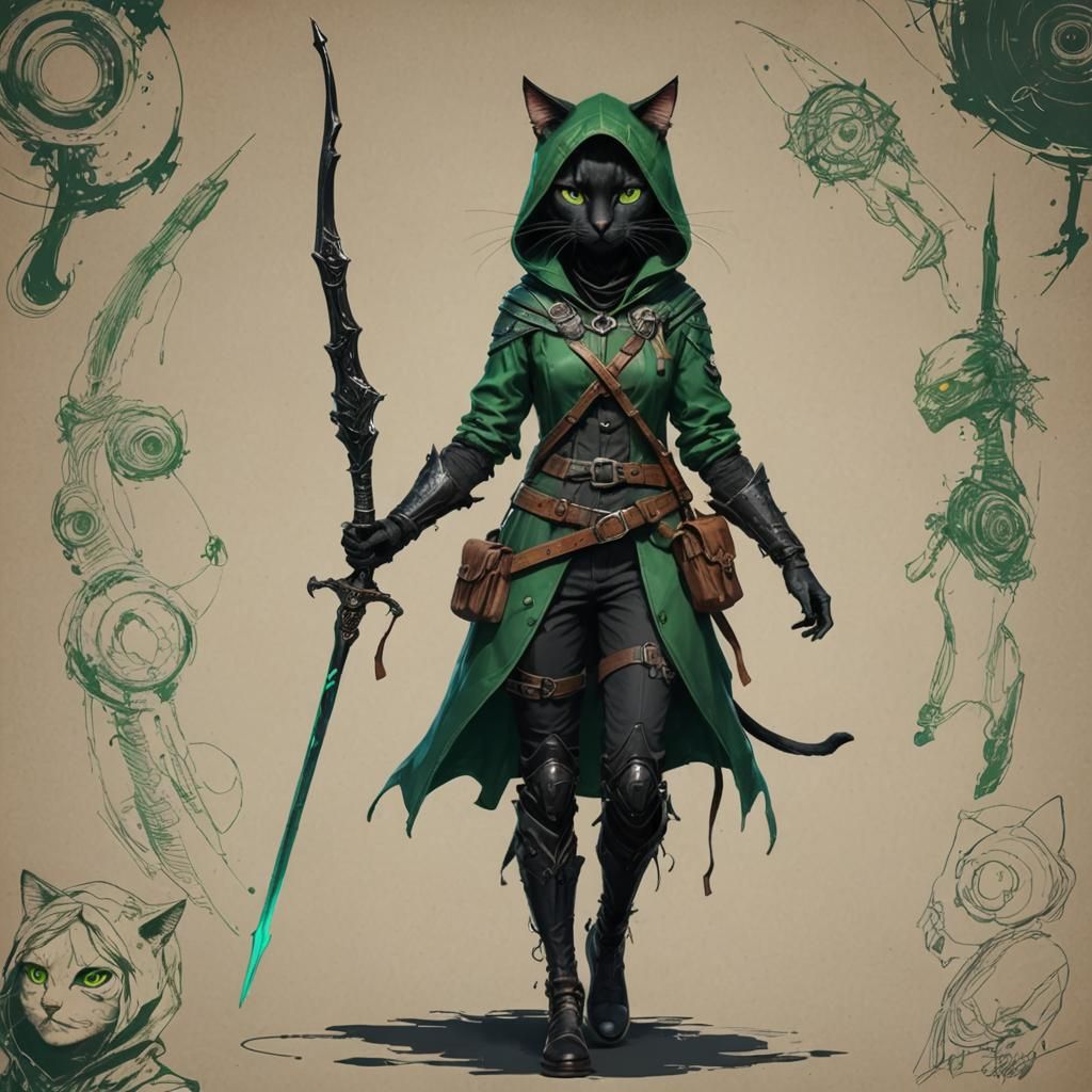 Elegant Hooded She-Cat in Scribbly Fantasy Concept Art