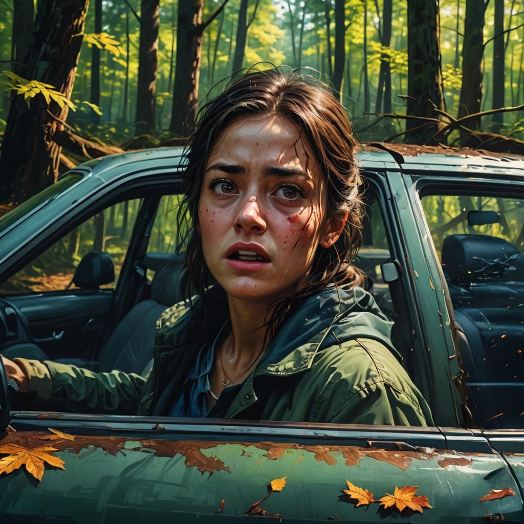 Frightened Person in Car: Hyperrealistic Splash Art