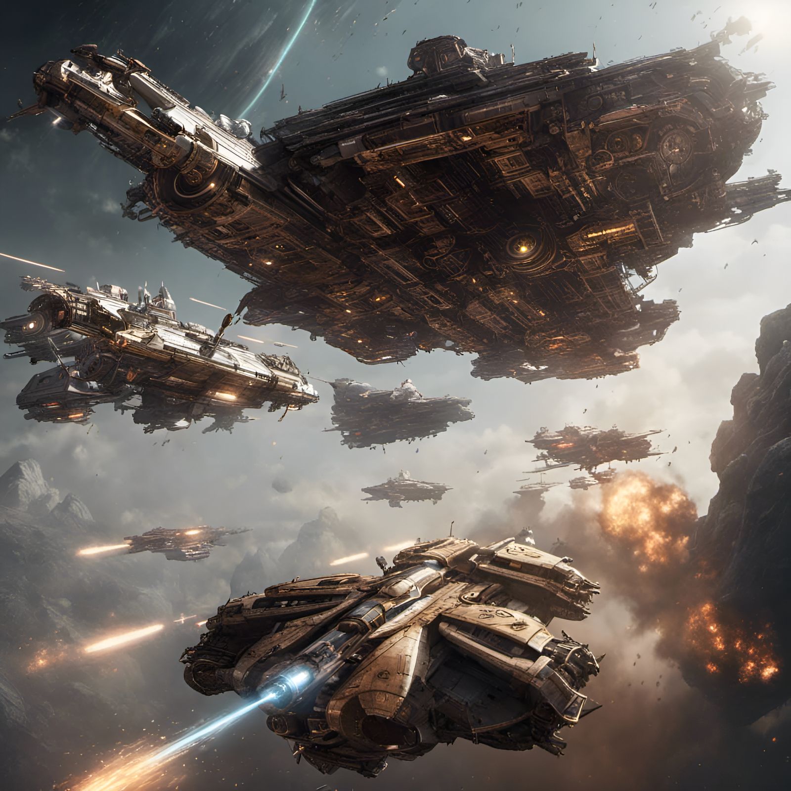 Steampunk Starship Space Battle in 3D Game Style