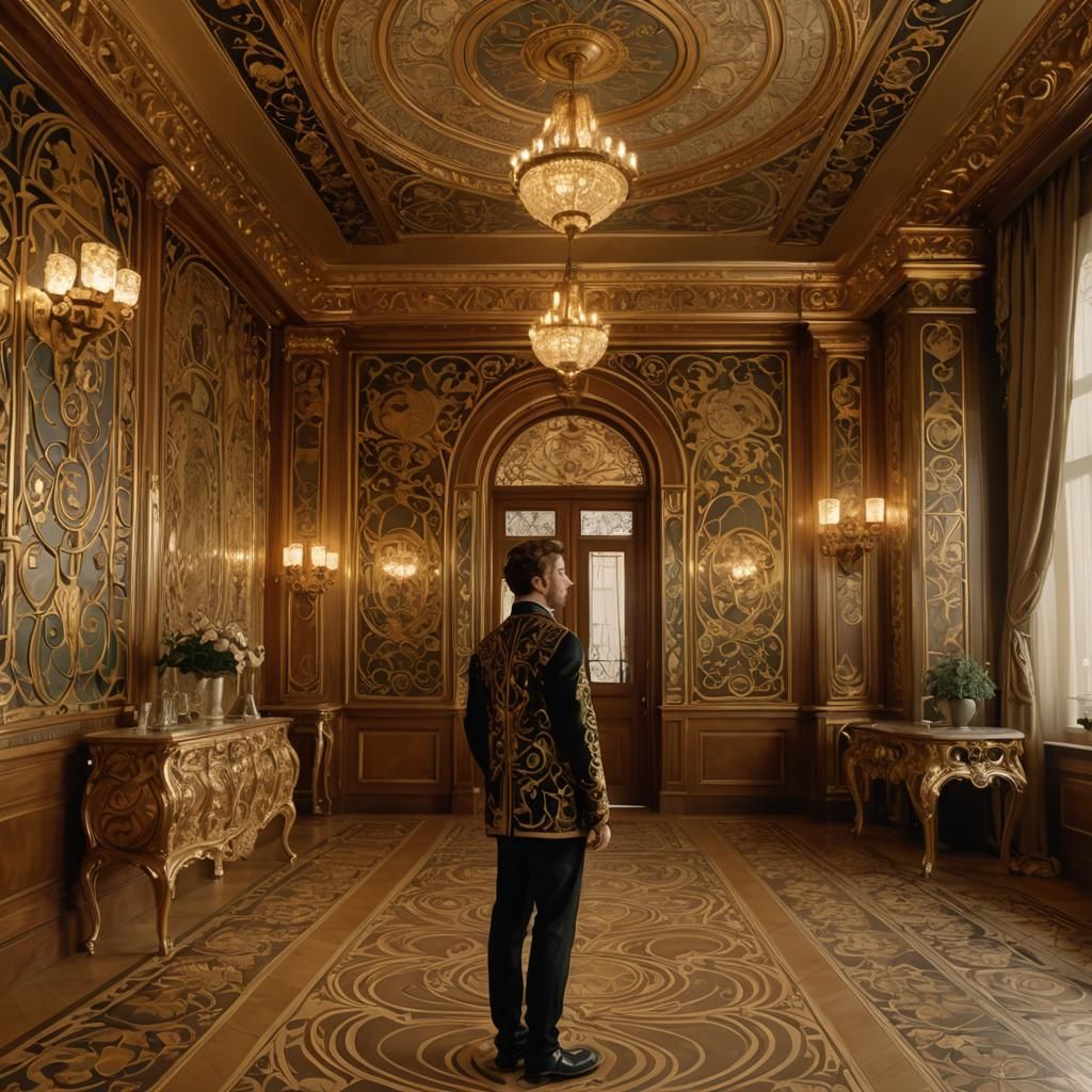 Opulent Art Nouveau Interior in Klimt and Mucha Style