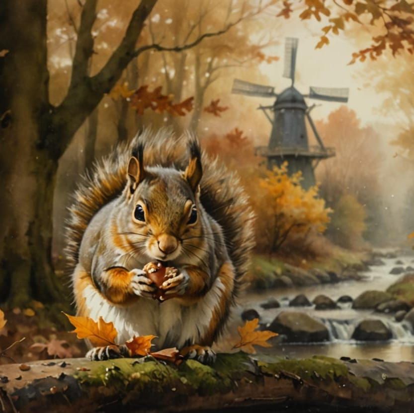 Squirrel chewing a nut with an old windmill in the backgroun...