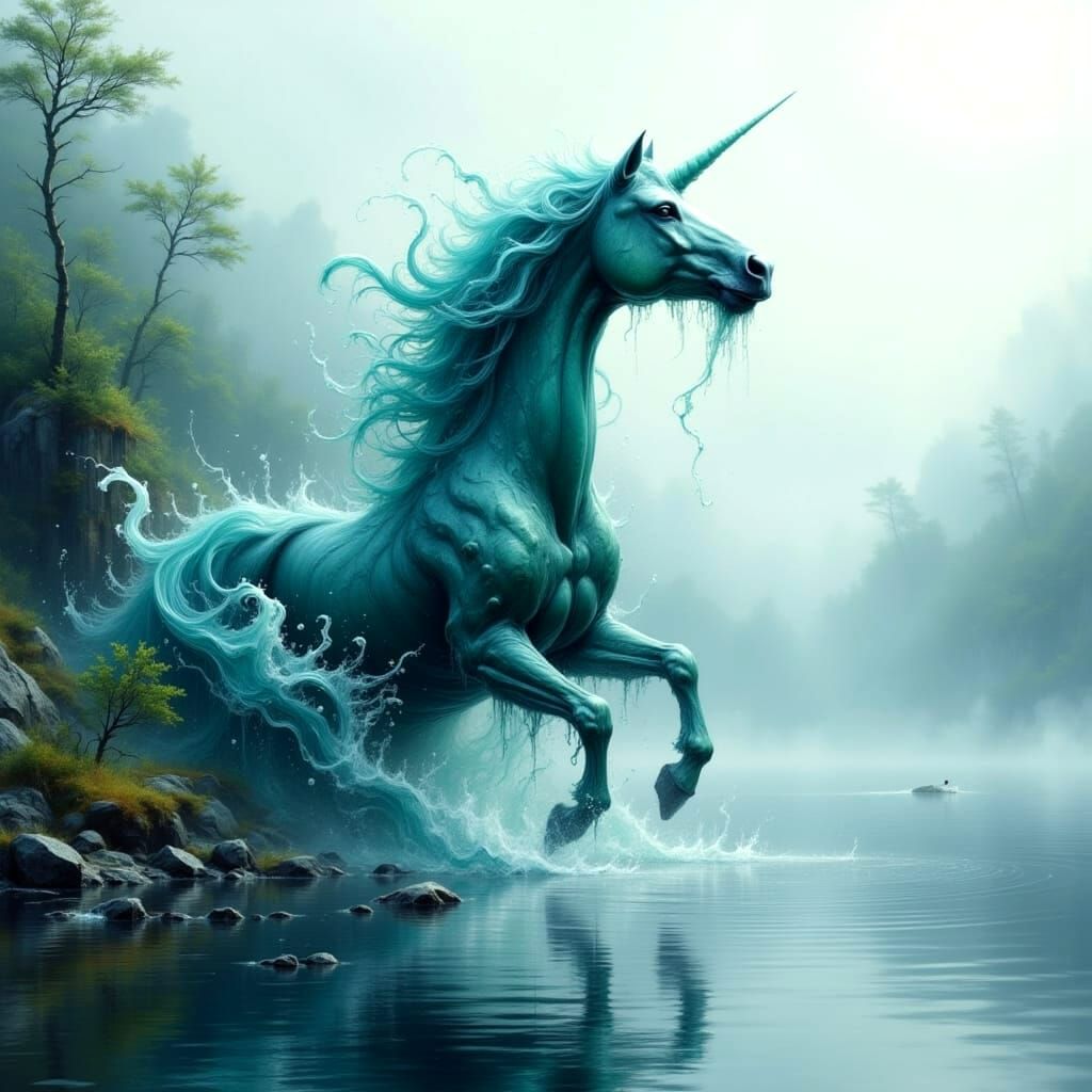 Majestic Kelpie Rises from Misty Loch