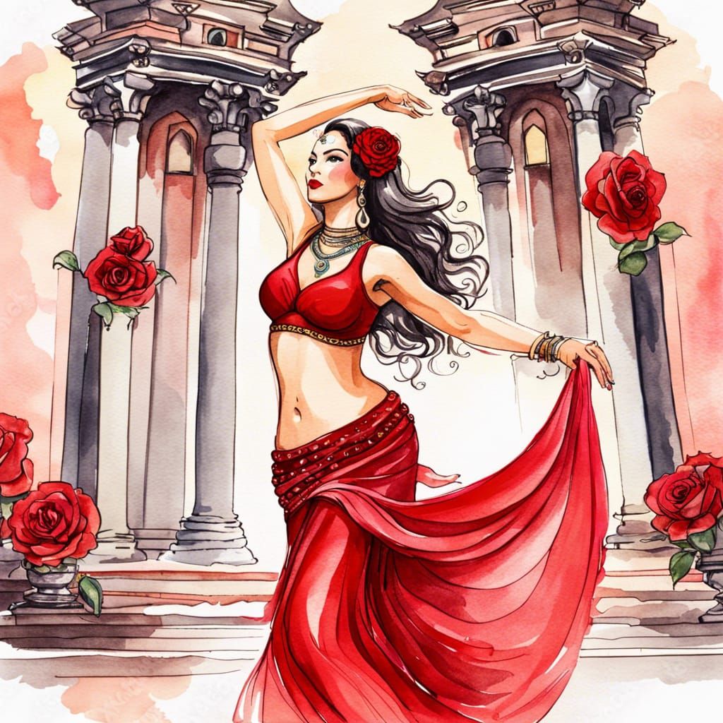 Watercolor Ink Drawing of Chubby Belly Dancer