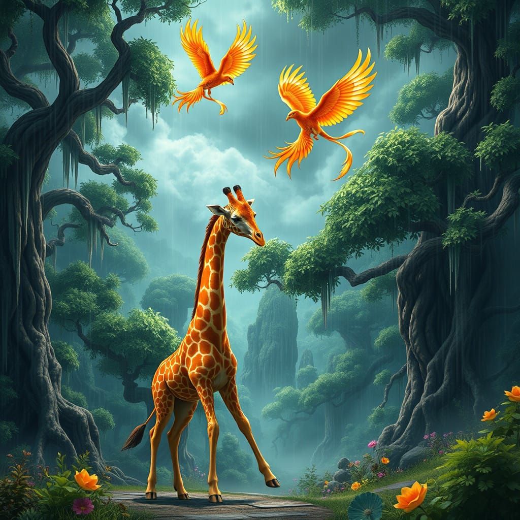 Majestic Giraffe Enters Vibrant Fantasy Realm
