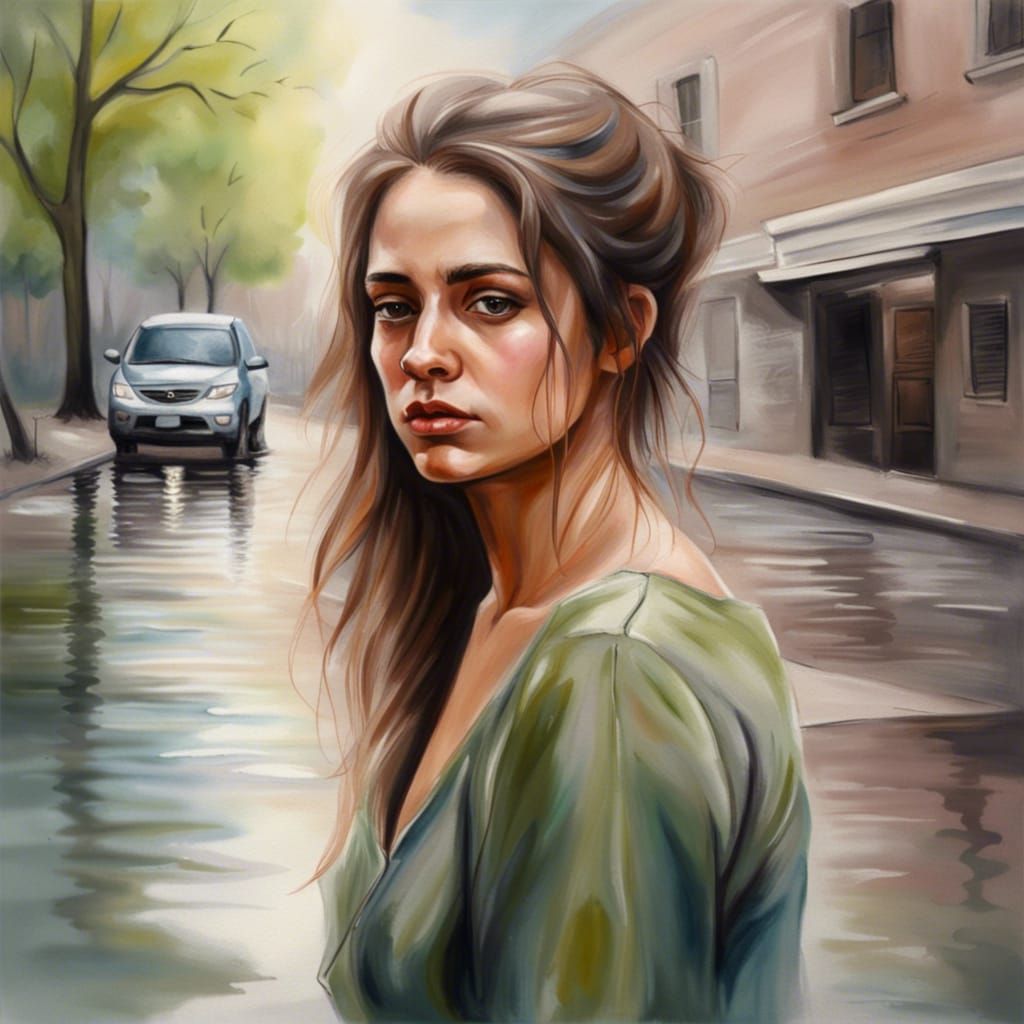 Sad Spring Lady Walking on a Wet Street