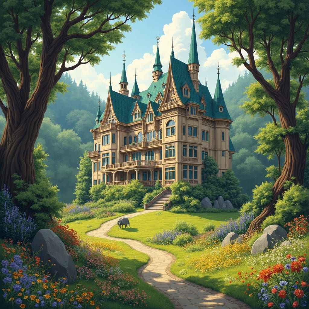 Fairytale Hotel in Forest, Whimsical Illustration Art