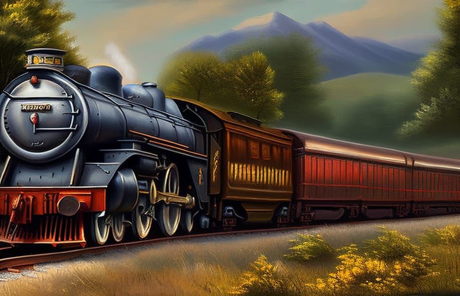 Trains Speeding on Countryside Rail as Digital Oil Painting