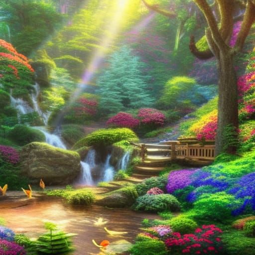 Magical Forest Scene with Treehouse in Sunlight