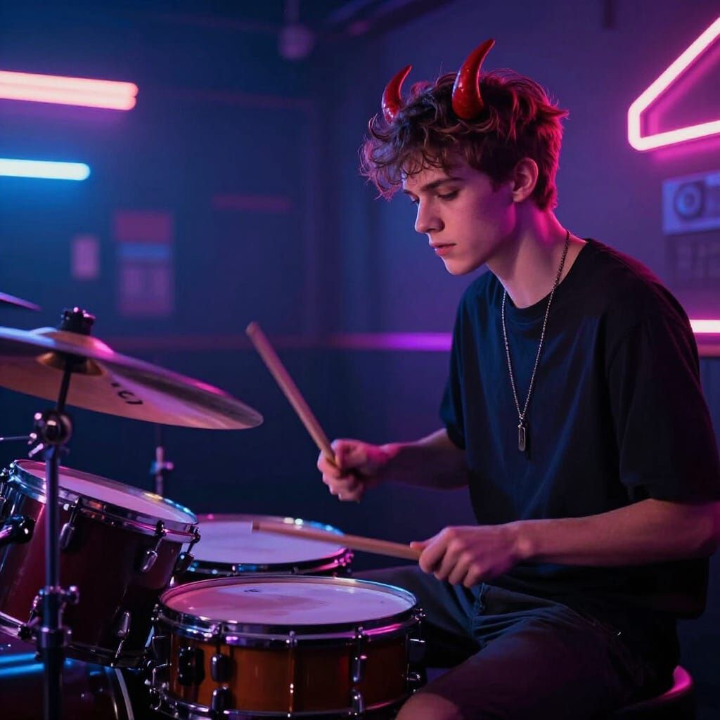 Half Demon Teenager Rocks Out on Drums in Synthwave Neon Sty...