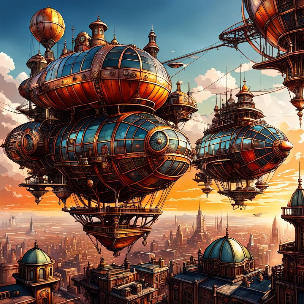 Steampunk Aerial Metropolis at Amber Sunset