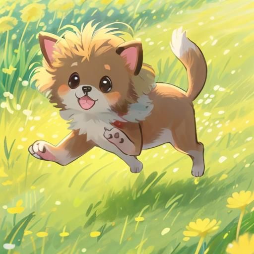 Puppy's Joyful Run Through Dandelion Meadow