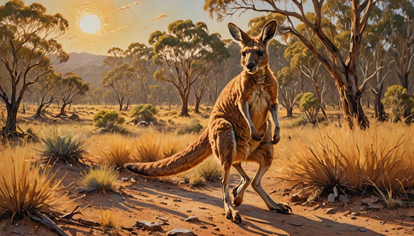 Kangaroo Leaping Through Outback Landscape as Impasto Painti...