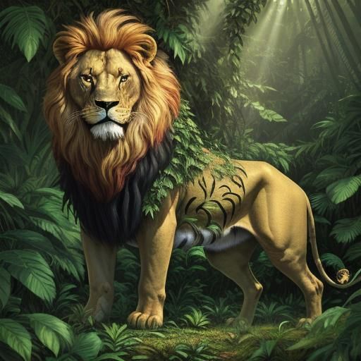 Lion Covered in Vines in Dense Jungle