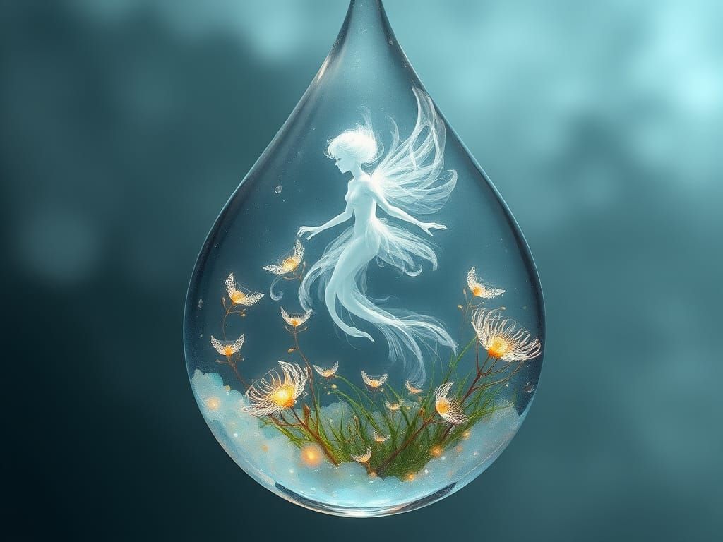 Water Elemental in Crystal Droplet: Ethereal, Luminescent Be...