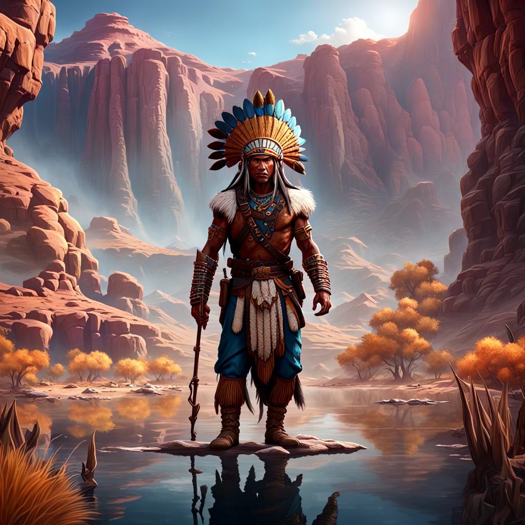 Native American Battle in Desert Lake: Detailed Matte Painti...