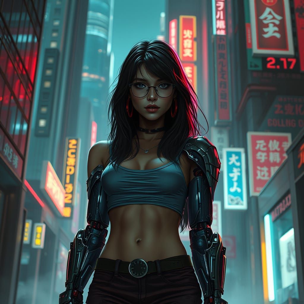 Confident Cyberpunk Woman Stands Tall in a Futuristic Citysc...