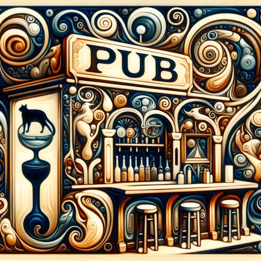 Mystical Surrealist Bar with Cat in Oil Paint