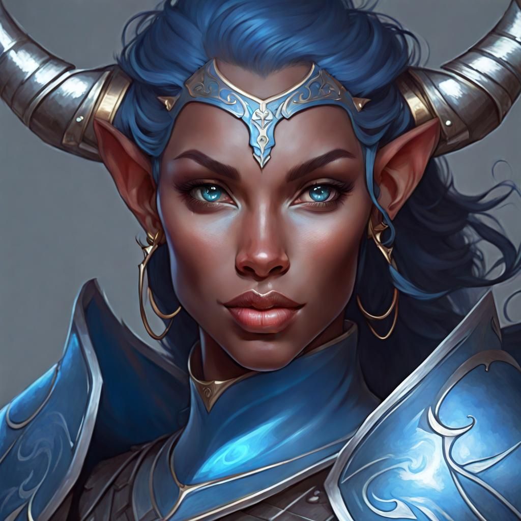Blue Tiefling Paladin in Knight Armor