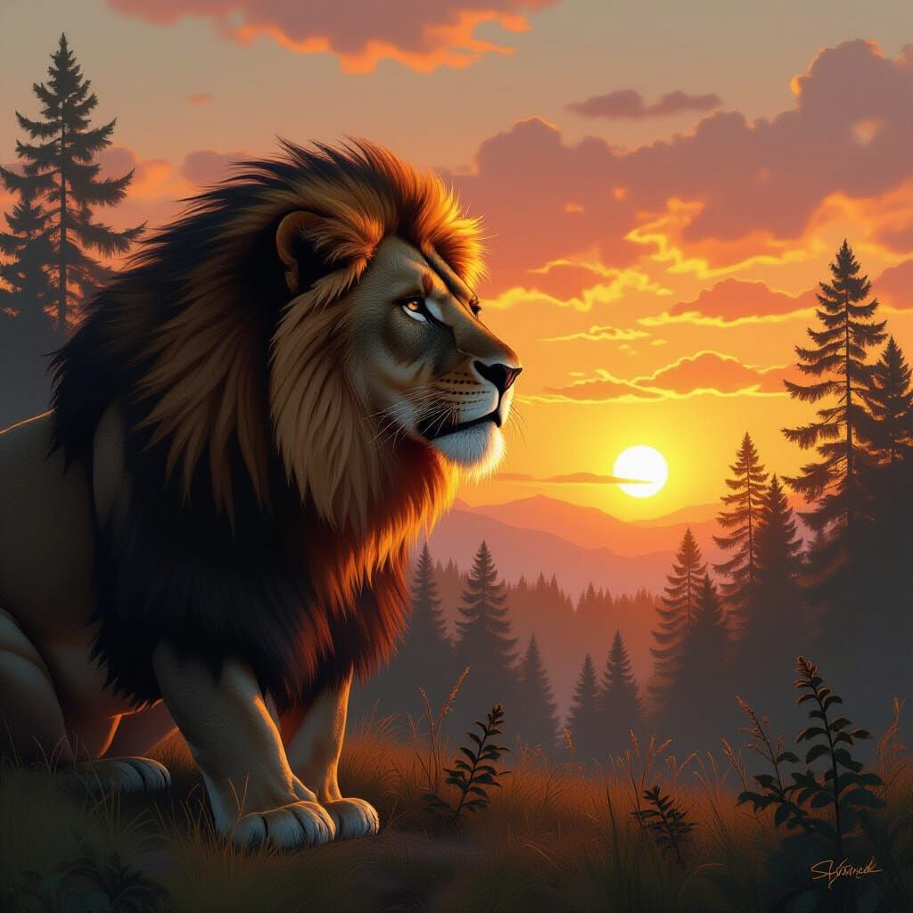 Lion Double Exposure with Forest Landscape