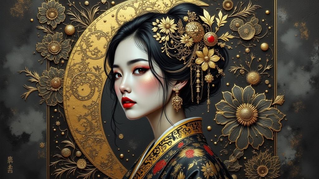 Elegant Asian Woman in Gold with Geisha Makeup