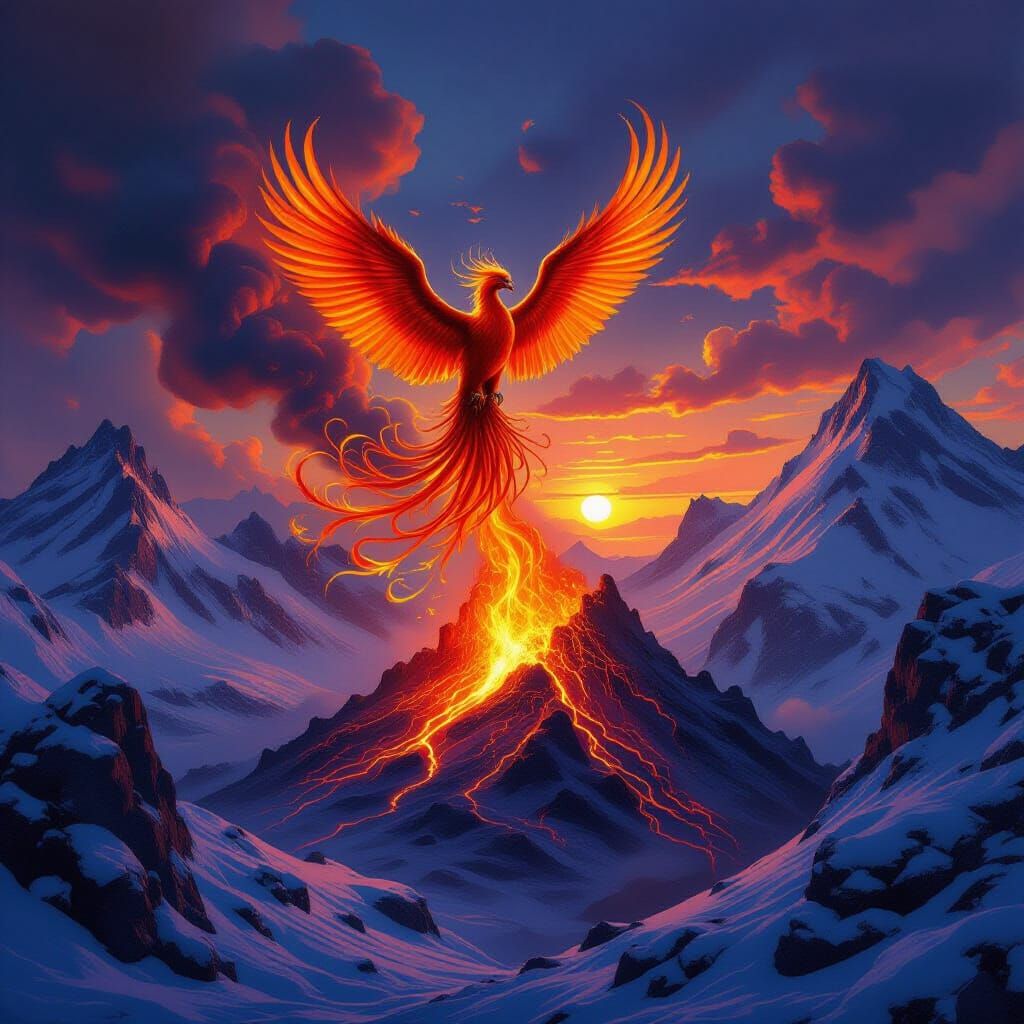 Majestic Phoenix Erupts From Fiery Volcano in Oil Painting S...