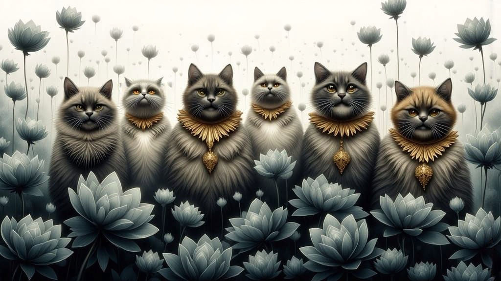 Mysterious Underwater Scene with Colorful Cats and Dark Liqu...