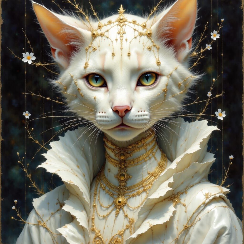 Cyborg Feline Goddess with Intricate Schematic Facial Art