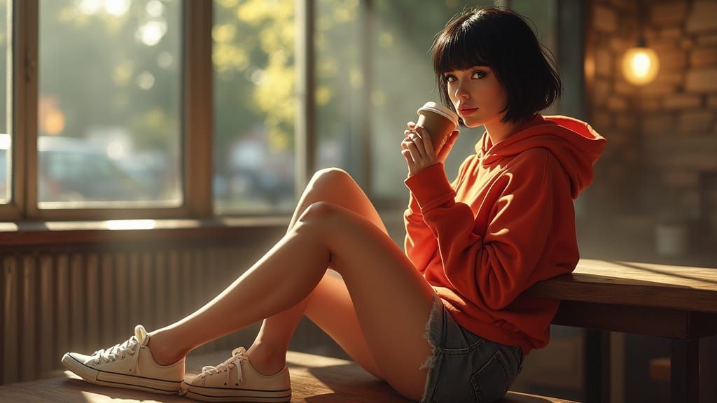 Hyperrealistic Pin-Up: Woman in Casual Wear with Coffee